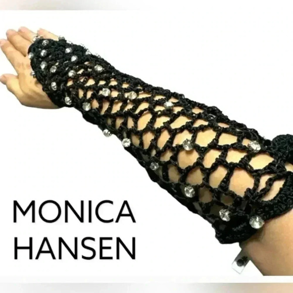 Monica Hansen x Revolve Swimwear Beach Gloves Crochet Mesh Rhinestone Baby Blue - Picture 1 of 12